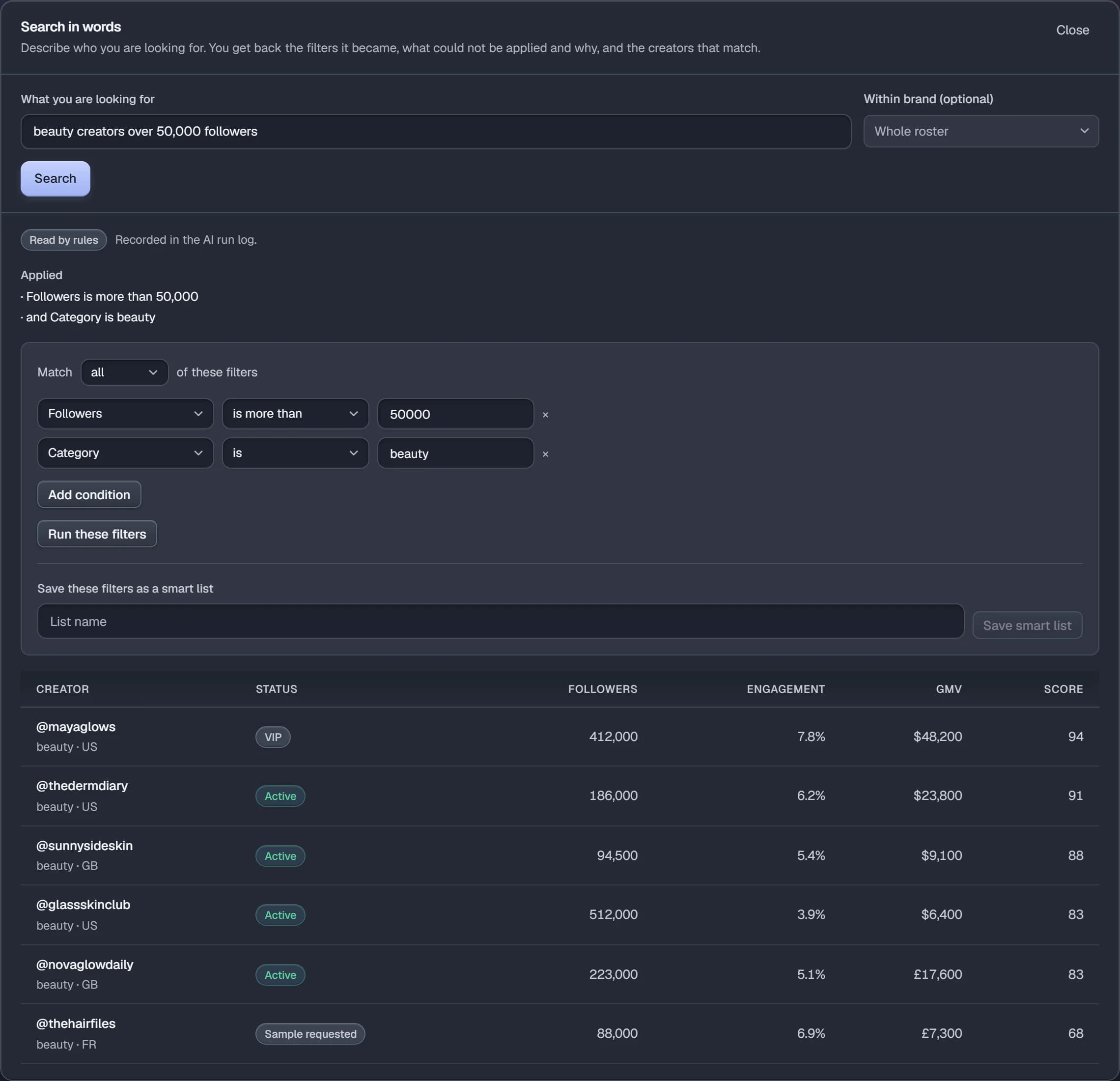 Kyrovane search in words: "beauty creators over 50,000 followers" turned into two filters and six matching creators with their followers, engagement, GMV and scores.